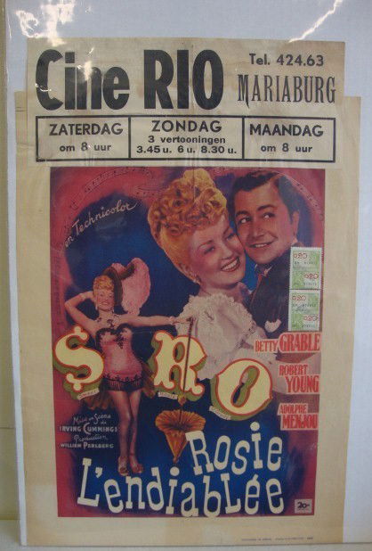 VINTAGE MOVIE POSTER "SWEET ROSIE O'GRADY": Foreign Version with export stamp "Rosie L'endiablee", 20th Century Fox, Betty Grable, Robert Young & Adolph Menjou, 16 3/4" x 12", VF, (printed on reverse of a German Map c 1940)