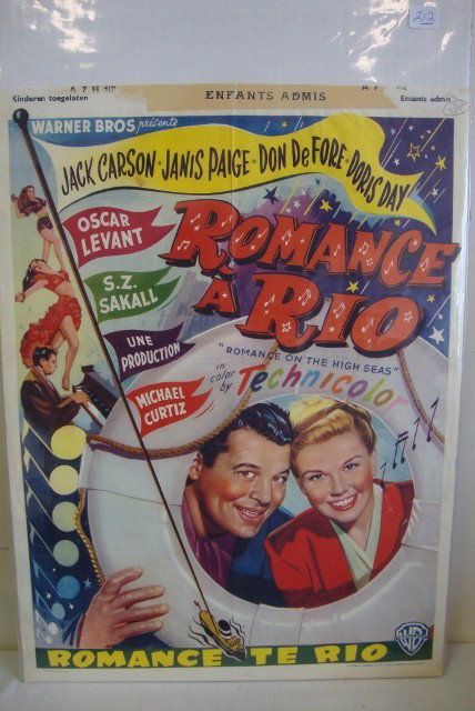 VINTAGE MOVIE POSTER "ROMANCE ON THE HIGH SEAS": Belgian Version "Romance a' Rio", 1948 Warner Bros., Jack Carson, Janis Paige, Don DeFore & Doris Day, 19" x 14", F (top border cut)