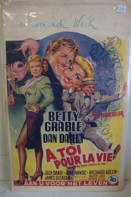 VINTAGE MOVIE POSTER "WHEN MY BABY SMILES AT ME": Belgian Version "A Toi Pour La Vie", 20th Century-Fox, 1948, Betty Grable & Dan Dailey, 22 1/2" x 14 1/4", F (minor tears upper border).