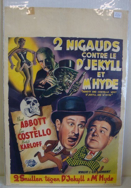 VINTAGE ABBOTT & COSTELLO MOVIE POSTER: Abbott & Costello Meet Dr. Jekyll and Mr. Hyde. Belgian Version "2 Niguads Contre Le Dr. Jekyll ET Mr. Hyde", Universal International, Bud Abbott, Lou Costello & Boris Karloff, 20 3/4" x 14" F (small 