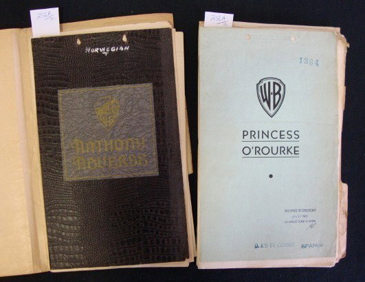 OLIVIA DE HAVILLAND DIALOGUE SCRIPTS : Warner Bros. Picture with Fredric March and Olivai de Havilland. With Norwegian translation, typed in red below the English. Each of the 60 pages has the reel number on it. Together with a second dial