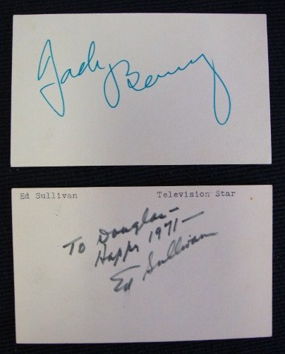 JACK BENNY & ED SULLIVAN AUTOGRAPHS: Jack Benny signed in green ink on a manila card; Ed Sullivan signed in black ink To Douglas, Happy 1971, Ed Sullivan on a manila card. 3 x 5 VF-Exc.