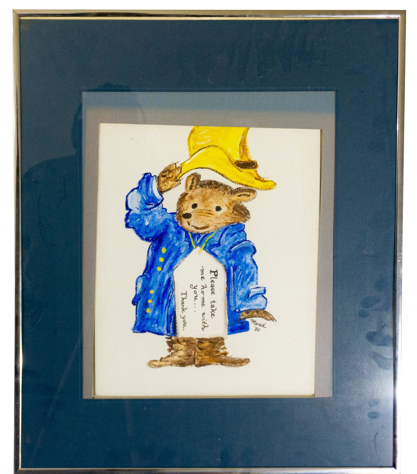 Painting of Paddington Bear: Painting of Children's Book character Paddington Bear signed by artist Mead 24.5 x 20.5