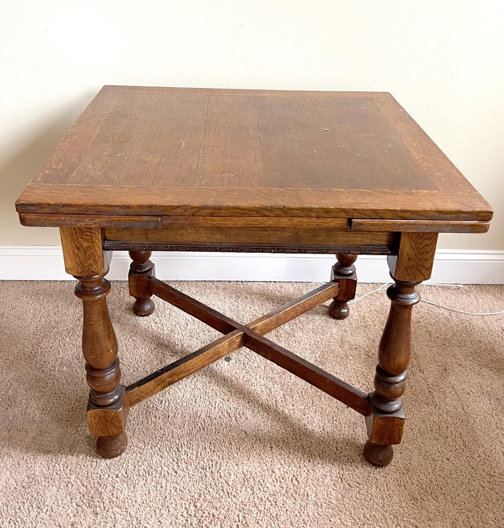 English Oak Confectionery Table: Oak confectioner's table. Retractable leaves; 29in.H. x 30.5in.W.