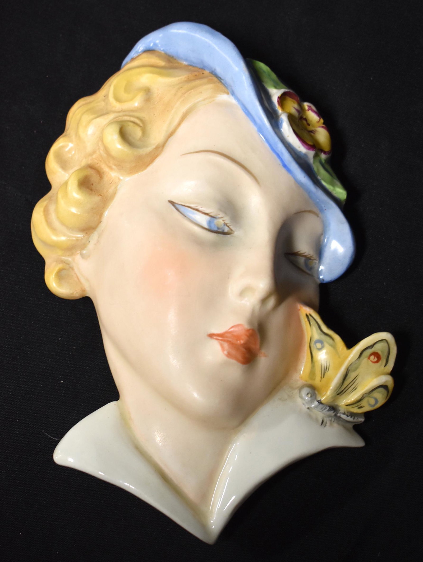 Art Deco Ceramic Mask by Royal Dux: Female and Butterfly. Impressed 15514 Czechoslovakia. Hand painted.; 8 1/4" H