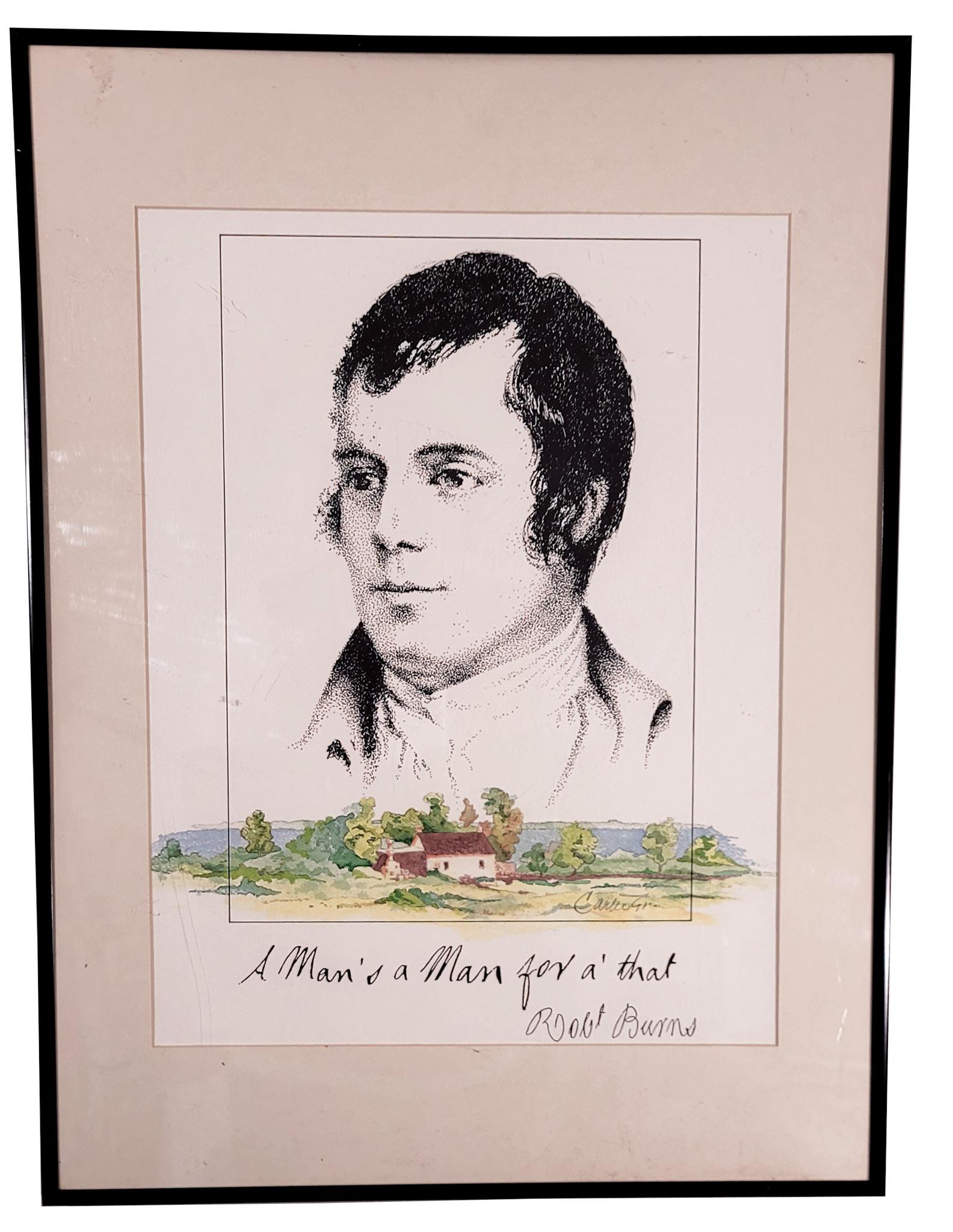 Signed Multimedia of Robert Burns and Landscape: Watercolor and ink Landscape with Scottish Poet Robert Burns atop with signature of artist in pencil Dimensions 24 x 18