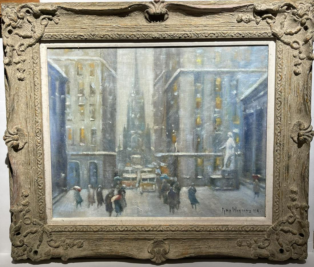 Guy Wiggins; American Oil Wall Street Signed: Guy Carleton Wiggins (1883 - 1962) Oil on canvas. Wall St. - Old Trinity. Signed lower right. Inscribed with title and signed on reverse. Original Heydenryk frame ; 16in. x 20in.(image), 23in. x 27in.