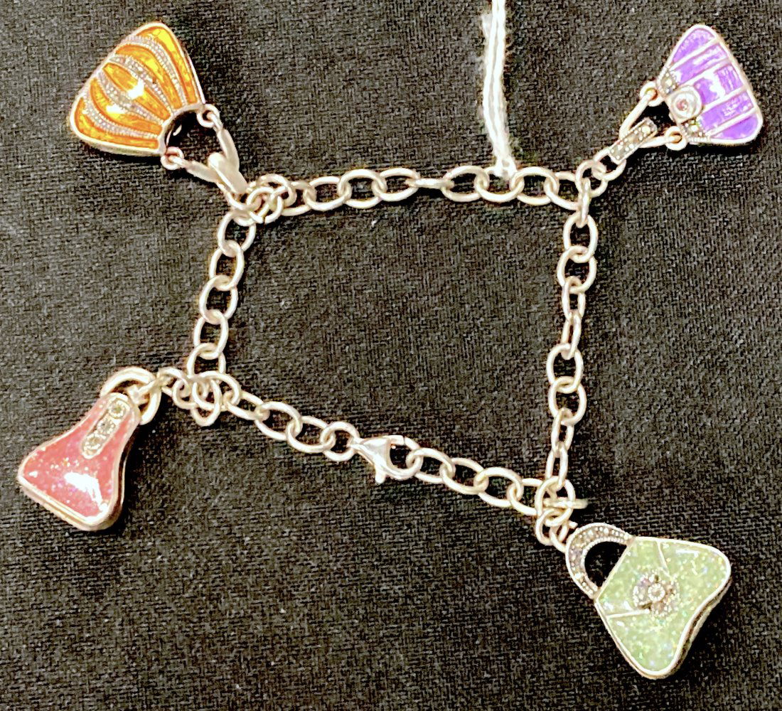 Unusual Sterling SIlver Charm Bracelet: 4 enameled and marcassite purses which open. Markd 925.