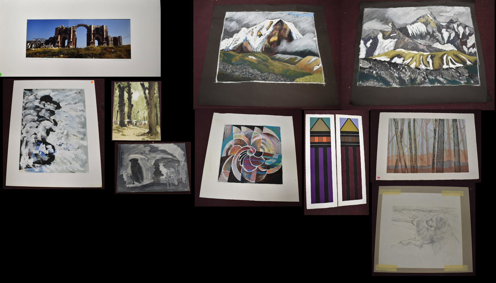 Collectors Lot of Artworks (11): 11 pieces in lot including Mei Fu Zeng , Unknown Title (In Chinese). Watercolor. Dated 1983. 18 1/4" x 15"; Ruth Bergderfer Force of the Sea C. 1988; 30"H x 24"W ; Katherine Bontecou Solitude, oil on 