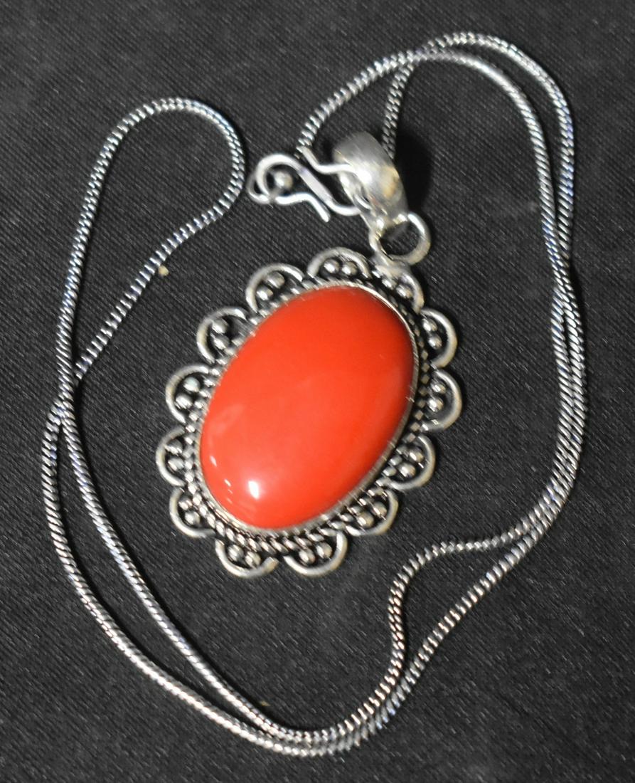 Red Coral German Silver Pendant (1 of 1)