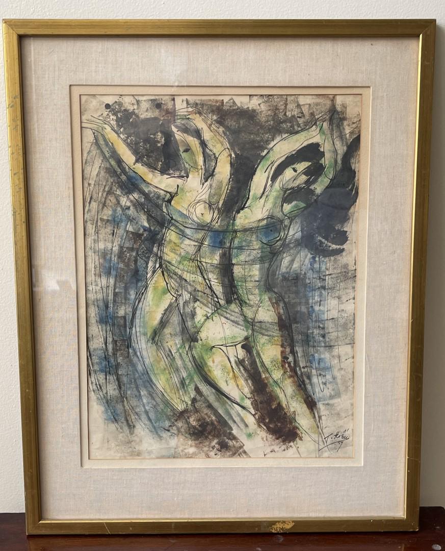 Tran Quang Hieu; 20thC. Vietnamese Modernist Mixed Media Signed: Mixed media on paper. Dancers. Signed lower right and dated '59; 21.5in. X 15.5in.(image), 29.25in. X 23.25in.(framed)