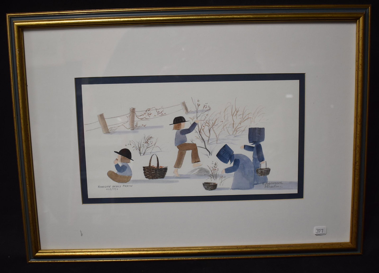 Diane Graebner Amish Lithograph Sgd.: Limited Edition Lithograph. "Roadside Berry Pickin". Entitled and Numbered L. L. 203/750. Signed Lower right Gallery mounted, matted and framed. 7"H. x 12 3/4"W (work) Overall size 16"H x 21"W