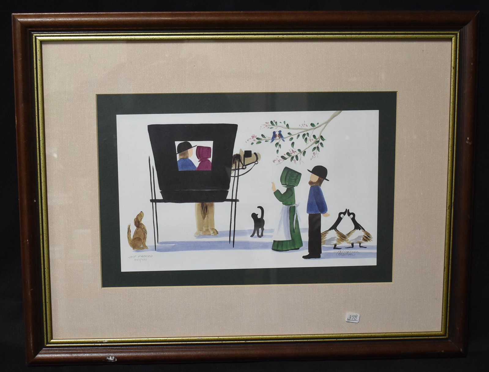 Diane Graebner Amish Lithograph Sgd.: Limited Edition Lithograph. "Just Married" Entitled and Numbered L.L. Signed Diane Graebner Lower Right. Gallery mounted, matted and framed. 8" H x 13 1/2"W.(work) 18"H x 24 1/2"W (Overall)