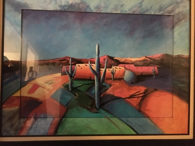 Downe Burns; 20th-21stC. American Acrylic Southwestern Landscape Signed: Acrylic on board. Southwestern Landscape. Signed lower right. Embellished matting and framed by the artist; 30in. X 40in.