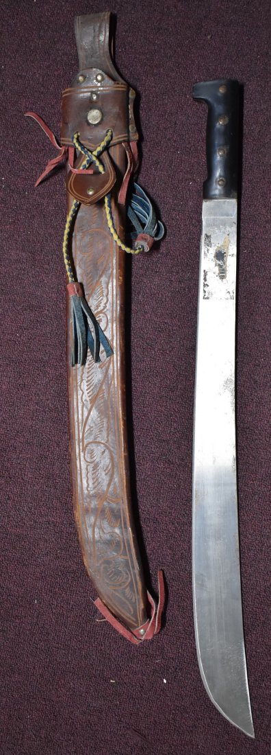 Vintage Machete in Leather Scabbard: 29.5"
