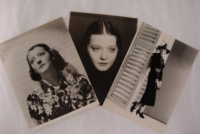 SYLVIA SIDNEY PORTRAITS: Artistic linen backed close-up portrait; full length fashion portrait with King Featurs Library backstamp; 1938 portrait with a publicity snipe for "You and Me" with George Raft. VF