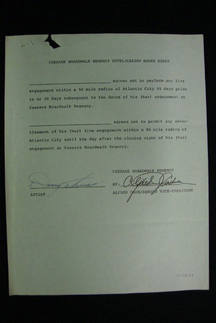 DANNY THOMAS SIGNED CONTRACT: With Ceasars Boardwalk Regency Hotel/Casino. A House Rider. 1 page signed in blue ink by Danny Thomas, artist and Alfred Cade, Senior Vice-President for Caesars. 8 1/4 x 11. Signatures VF