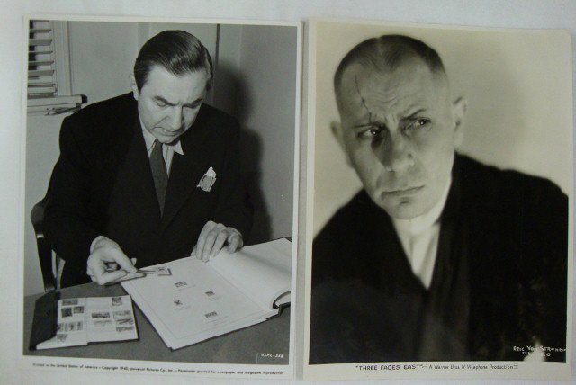 LUGOSI, VON STROHEIM PHOTOGRAPHS: 1940 Bela Lugosi publicity photo for Universal's Black Friday, date stamp for May 5, 1940. Dell Publishing Co. backstamp. Eric Von Stroheim publicity photo for Three Faces East, Warner Bros & Vitaphon