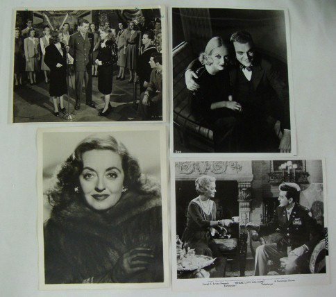 BETTE DAVIS PHOTOGRAPHS (11): Deluxe double weight with James Cagney; candids at a supper club (2); movie scene; scenes from What Ever Happened To Baby Jane (2); 1949 NBC portrait with publicity snipe for Jezebel (marked for cropp