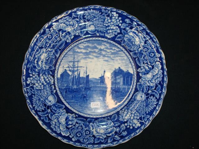 BLUE & WHITE STAFFORDSHIRE PLATE - FANEUIL HALL B: Blue & white Staffordshire plate marked R&M Co., Faneuil Hall, Boston from the Harbor, Staffordshire England at the base. 10" wide