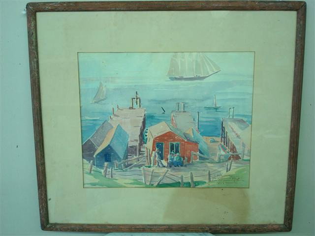KARL LARSON; WATERCOLOR SIGNED: watercolor on paper,Morning at the Docks, signed & dedicated lower right; 13.5in. X 16.5in.