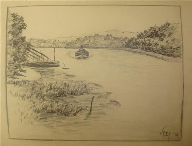 CHILDE HASSAM; THREE(3) PENCIL DRAWINGS SIGNED: three(3) pencil drawings; View of Hudson River from "Eagles Nest" Catskill, NY- 8.5in. X 11in.; Hudson River day boat- Hendrick Hudson, ice house dock- Looking up river from Eagles Nest Catskill, NY- 