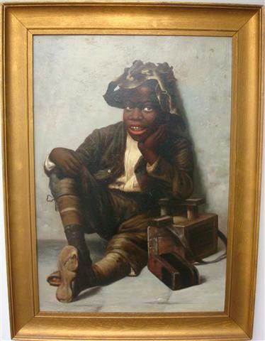 JOHN GEORGE BROWN; OIL PAINTING SIGNED: oil on canvas, "Black Shoe Shine Boy" signed L.R., copyrighted and dated 1887; 20 in. x 14 in.