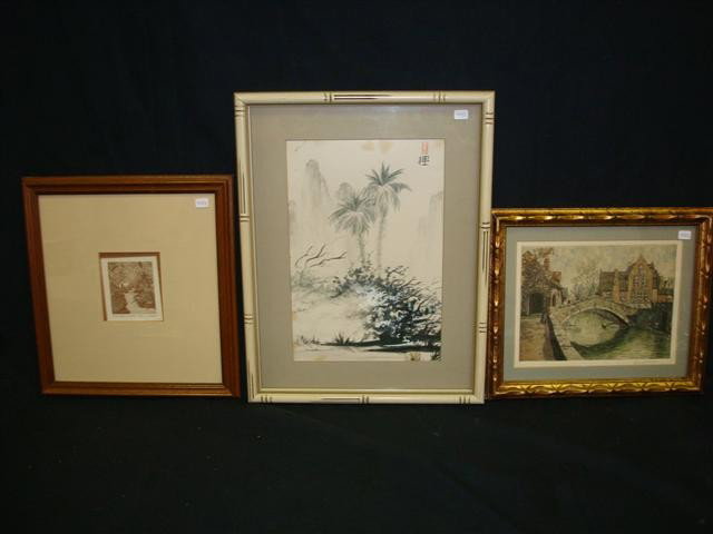 LOT OF THREE(3) FRAMED WORKS: three(3) framed works including - oriental watercolor signed Doty, 13in. X 9in.; framed etching signed Jonathan Talbot, 8in. X 10in.; colored print canal scene signed, 8in. X 10in.