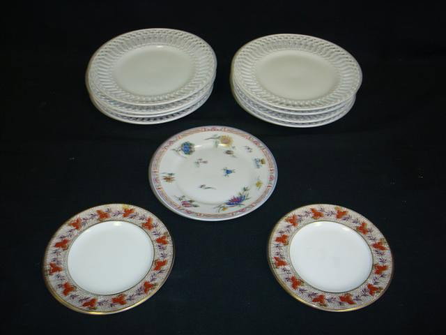 LOT OF MISC PLATES: Two Coalport plates for Tiffany & Co. in the Red Vine pattern, one Richard Ginori floral plate market Italia, and 8 white lattice edged ironstone plates with impressed number on the bottoms. 6"; 7'; a