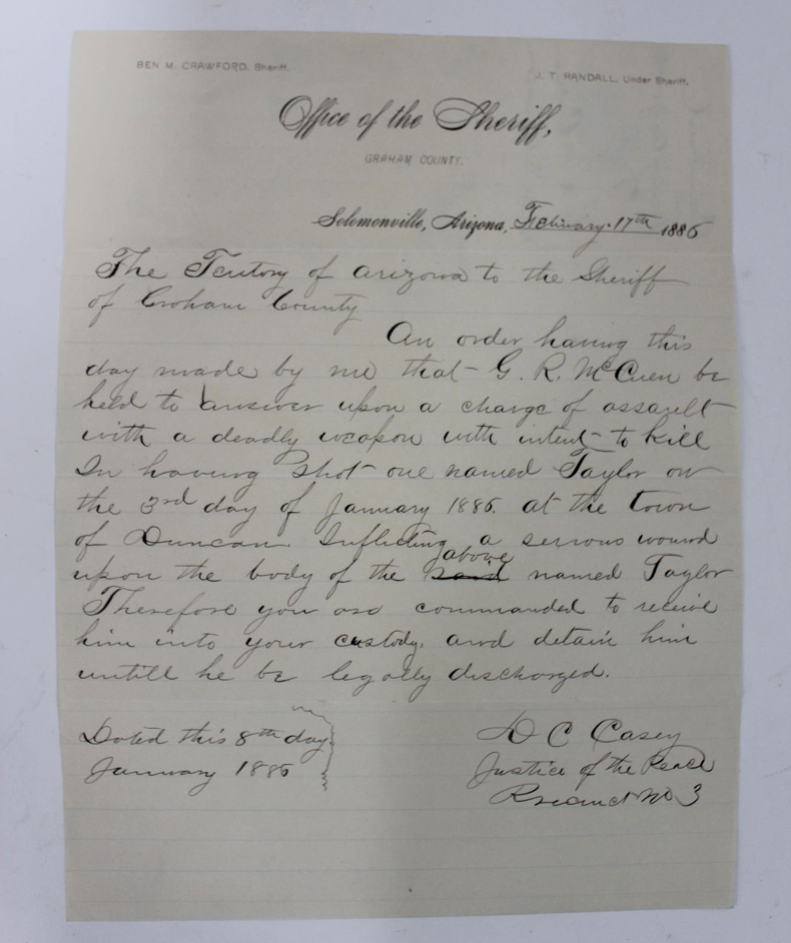 1886 Arizona Arrest Warrant (1 of 6)