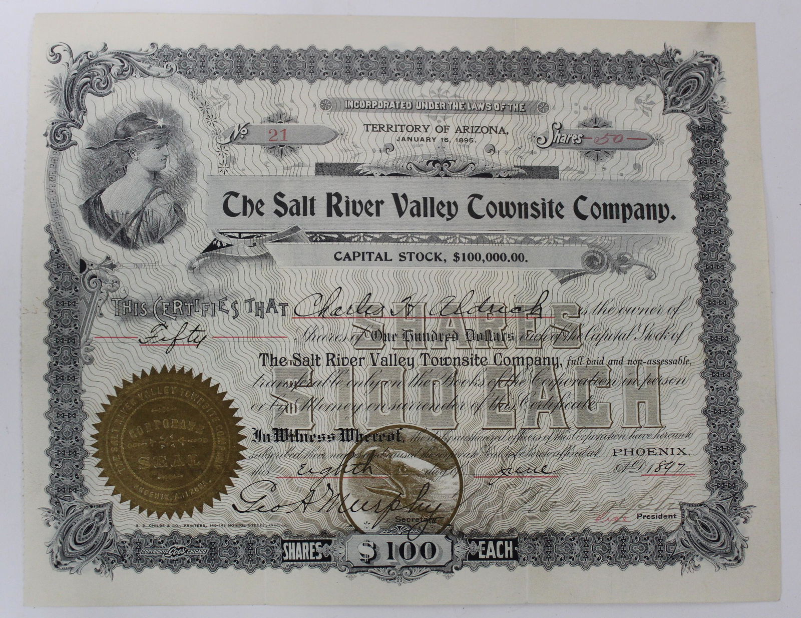 The Salt River Valley Townsite Co. Document . 1897 (1 of 2)