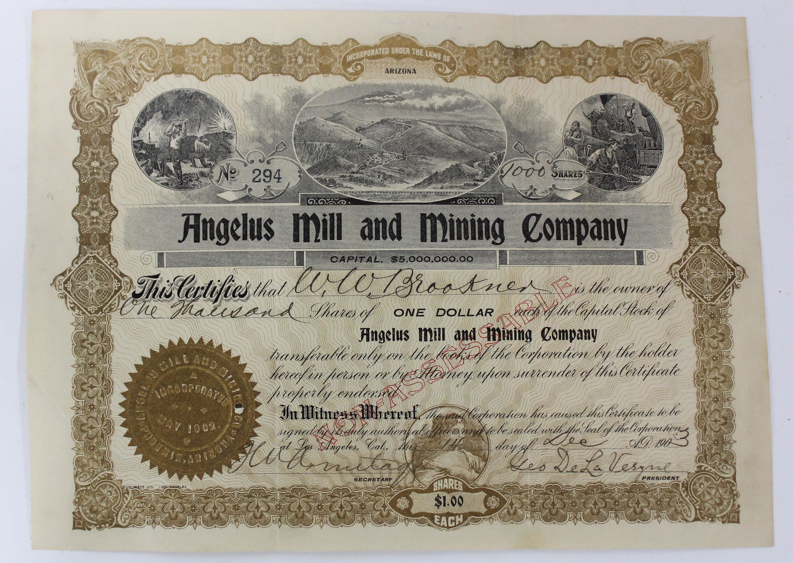 1903 Angelus Mill & Mining Co. Stock (1 of 3)