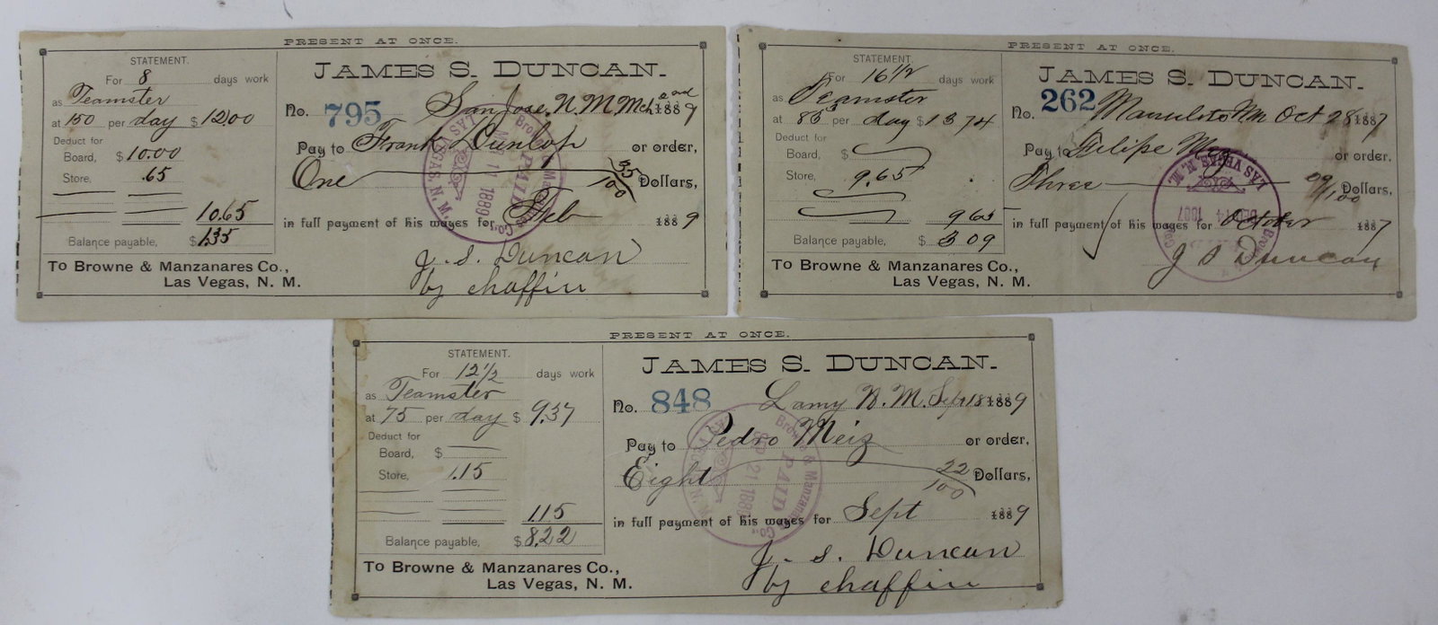 19th C. James S. Duncan Paychecks (3): New Mexico, Teamster Pay Checks. 1887-1889 (3) 3"H x 7"W