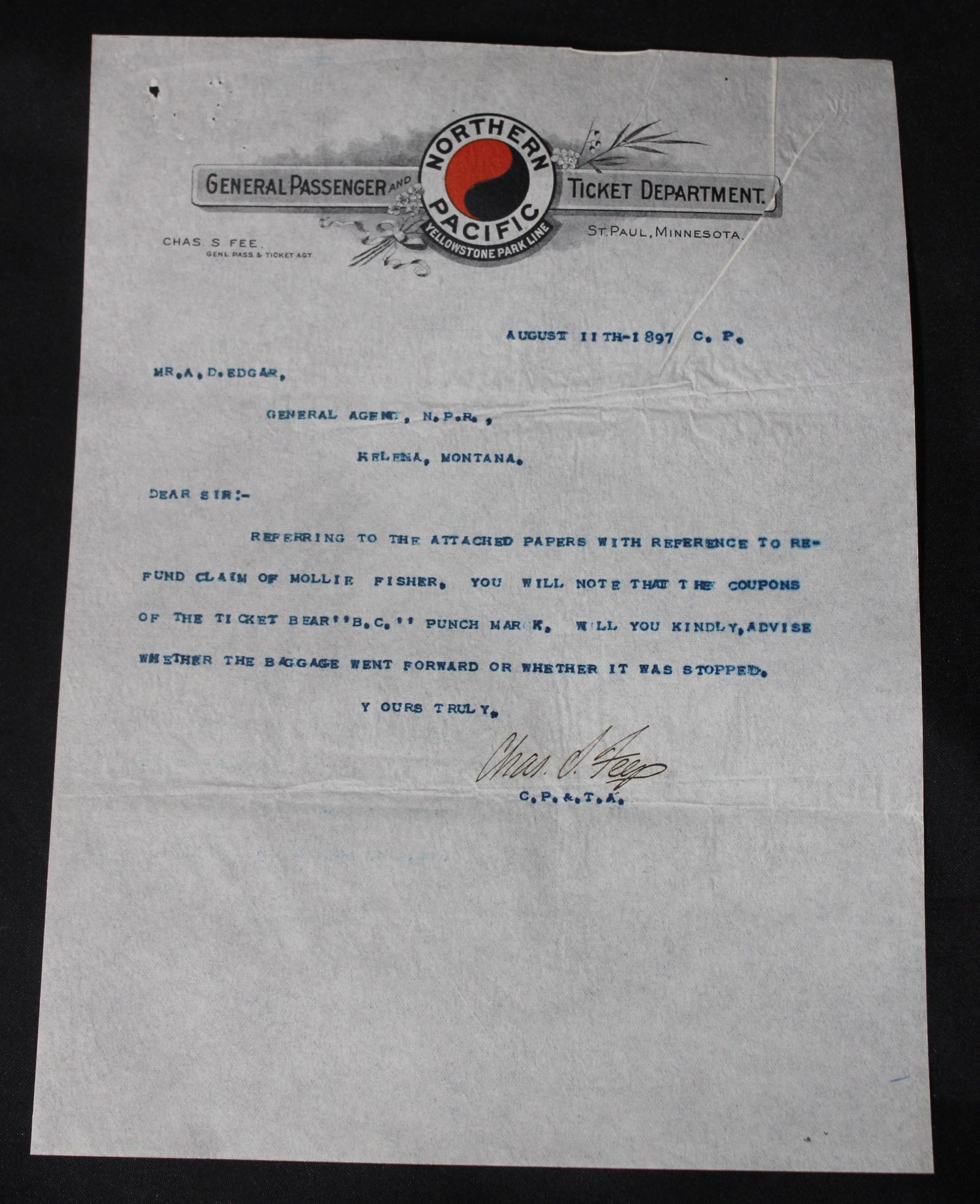 Northern Pacific Letter 1897 (1 of 3)