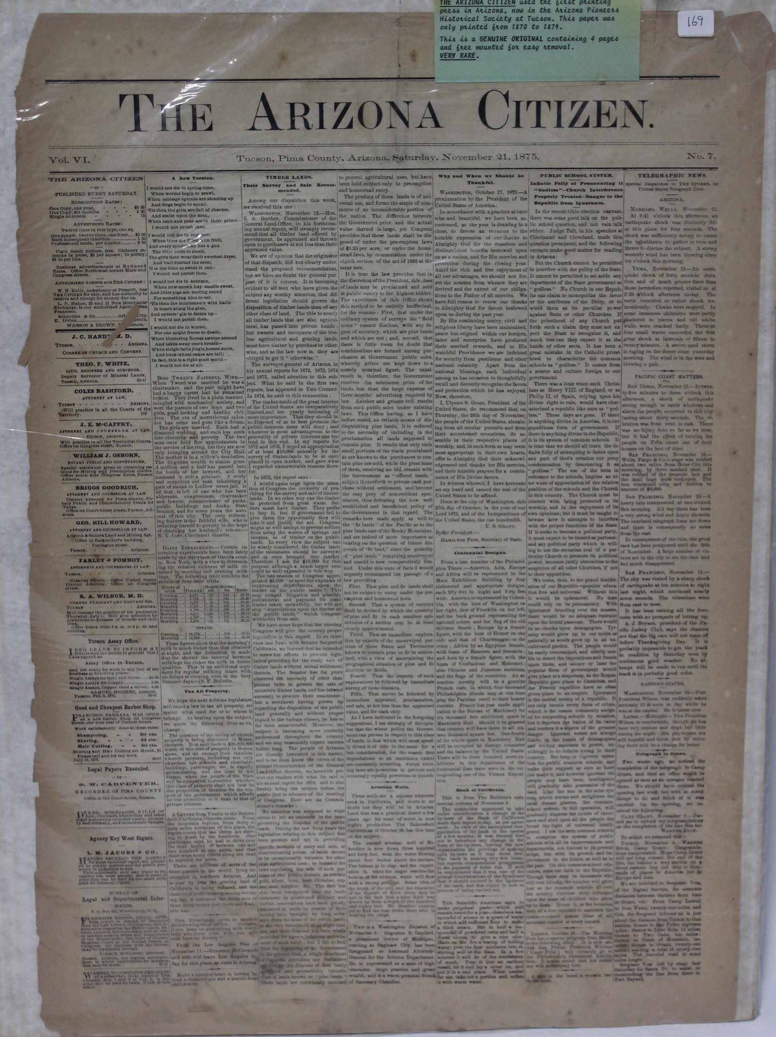 Arizona Citizen 1875 Newspaper: Dated November 21, 1875. Used first printing press in Arizona which is now in the Arizona Pioneers Historical Society. Very rare.