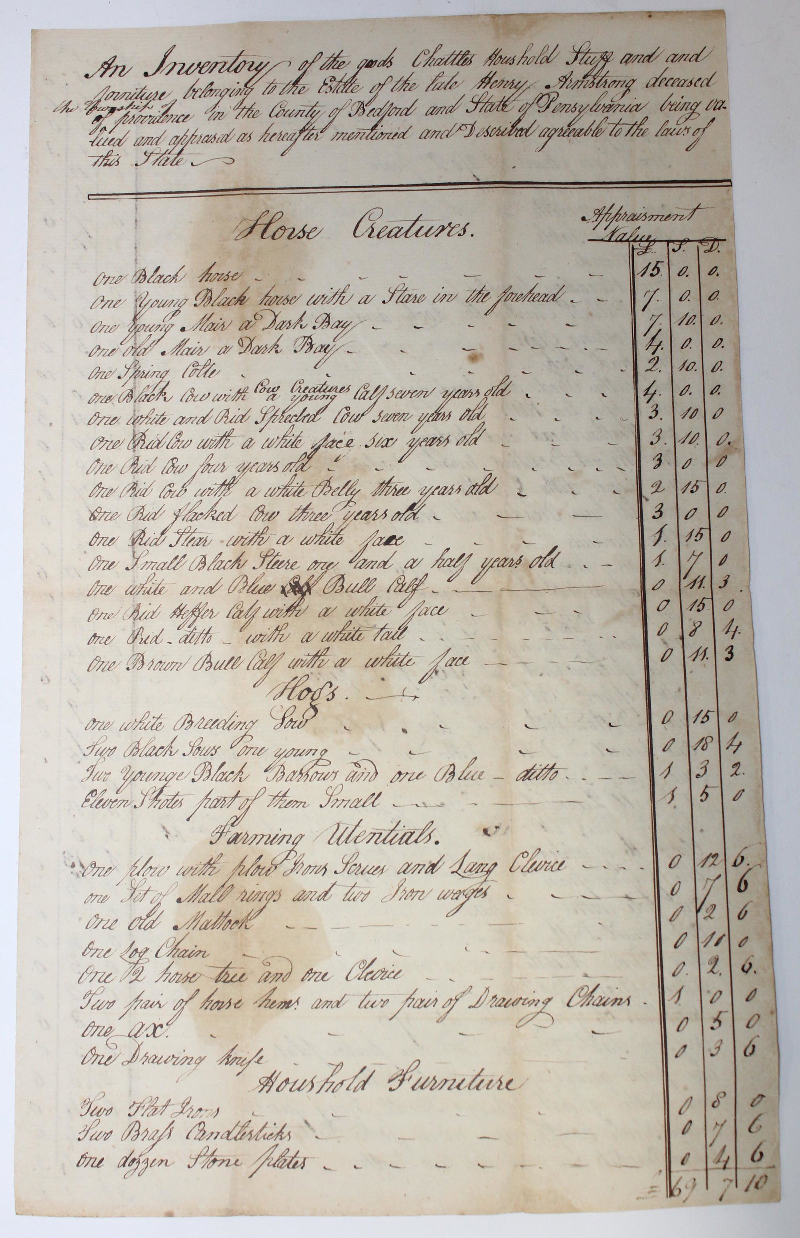 1792 Pennsylvania Estate Inventory: Estate of Henry Armstrong. Bedford County. Some staining, condition commensurate with age. 12" x 7.25".