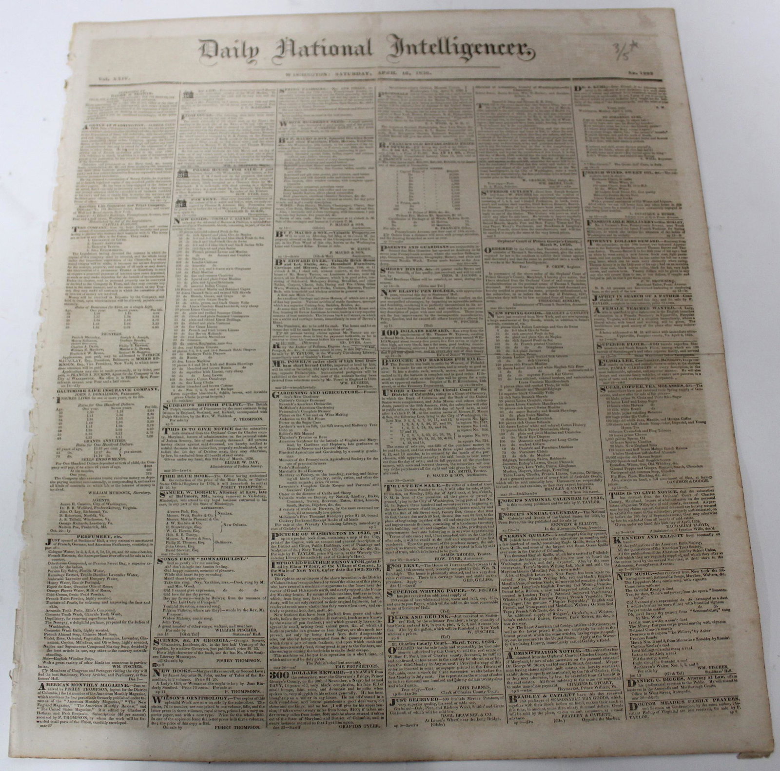 1836 Daily National Intelligencer Newspaper: Paper of Washington D.C. Mentions the fall of the Alamo. Dated April 16th, 1836. 20" x 18".