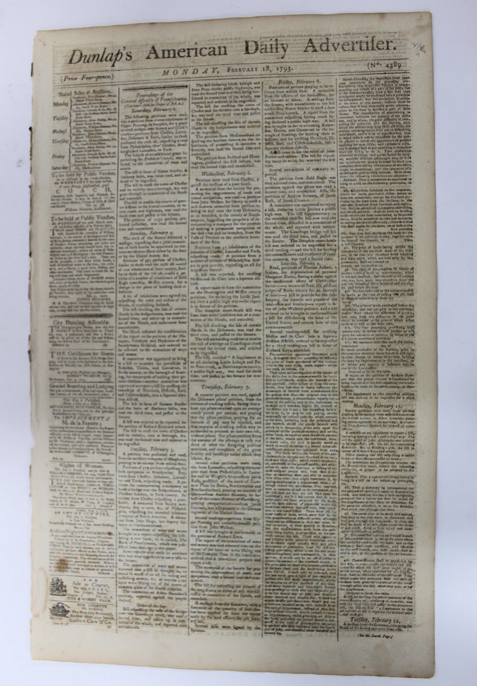 1793 Dunlap's American Daily Advertiser: Dated February 18th 1793. 12" x 20".