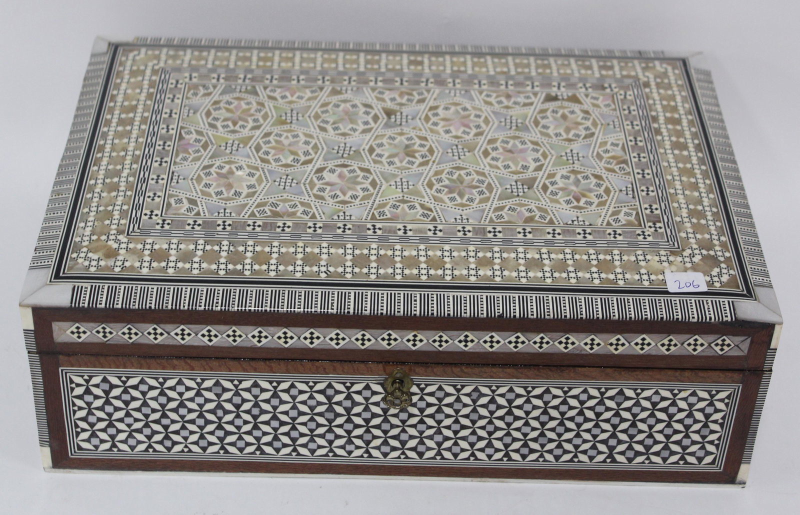 Antique Moroccan Jewel Box: Has a key to lock and unlock the box. 14" L x 9.75" W x 4.5" H.