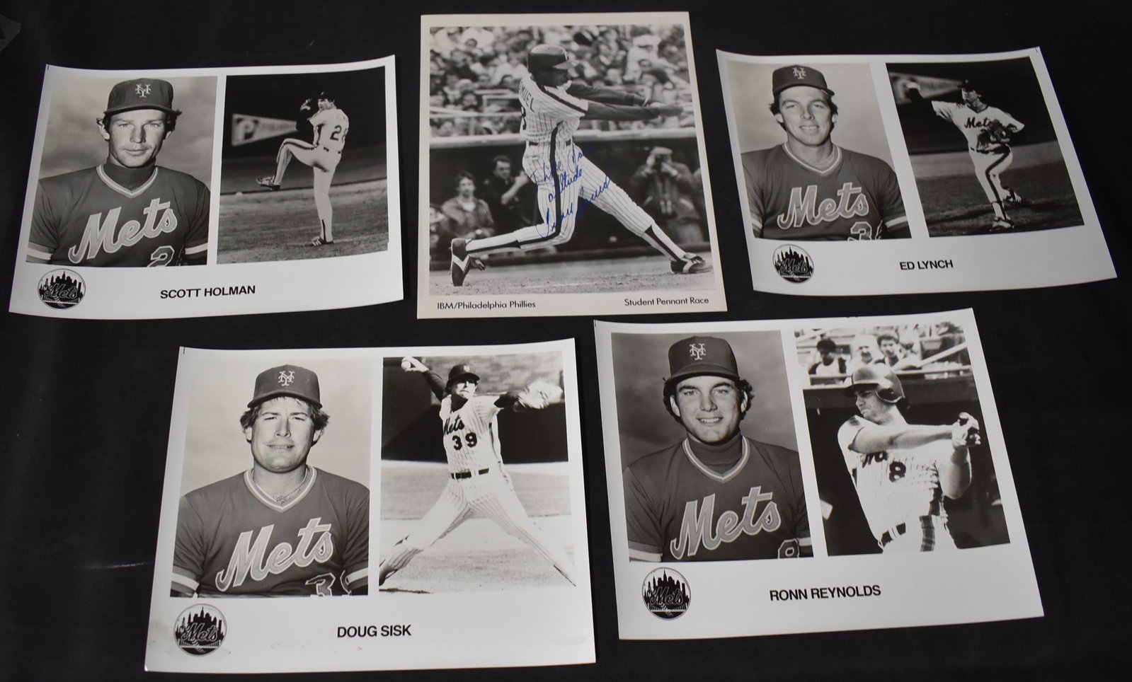 Vintage Baseball Photos (5): Includes Ed Lynch (NY Mets); Juan Samuel (Philadelphia Phillies); Scott Holman (NY Mets); Doug Sisk (NY Mets); Ronn Reynolds (NY Mets). All 8x10.