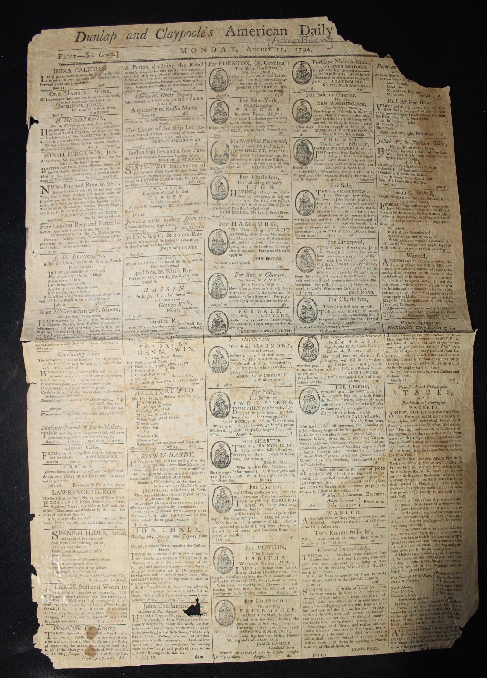 Pennsylvania Whiskey Rebellion: 5728, Dunlap & Claypoole's Daily News, Aug. 11, 1794 featuring Proclamations by President Washington & PA Governor Mifflin, ordering militia to put down the Western PA Rebellion. Illus w/ a seal of US