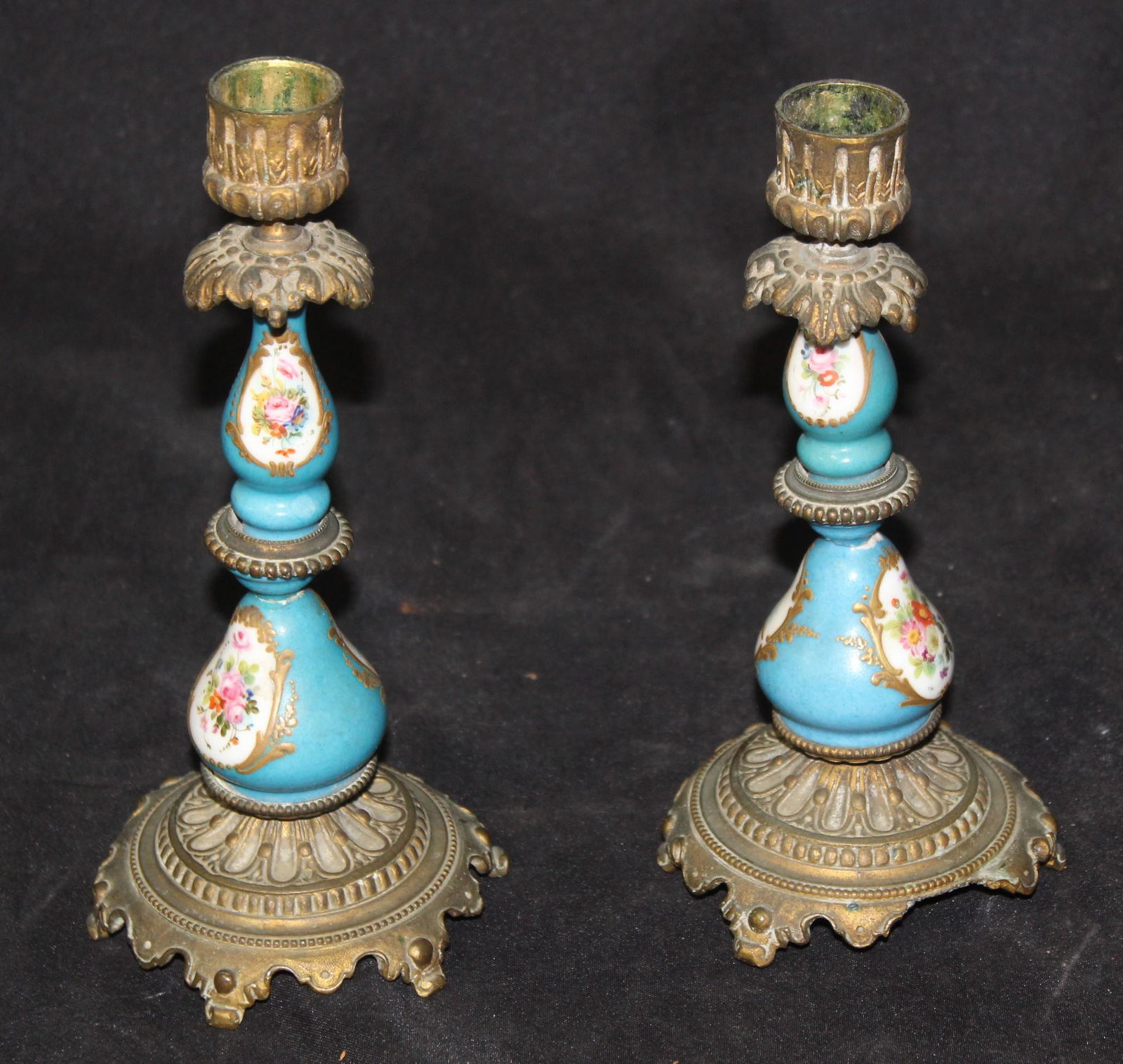 Pr. French Porcelain & Brass Candlesticks. (1 of 1)