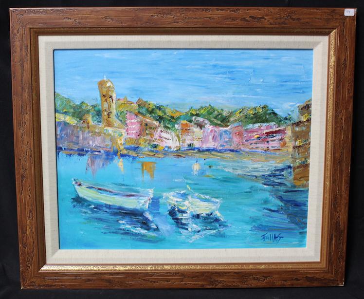 Elliot Fallas "Italian Bayview" Sgd. Oil on Canvas.: Framed. Signed L.L. 21.5" x 25.5".