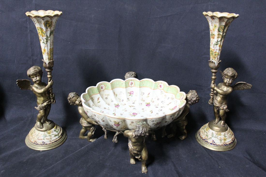 19th C. Console Set. Bronze Cherubs & Porcelain (1 of 9)