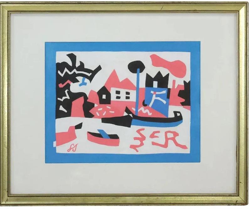 Stuart Davis(attrib.to); 20thC. Modernist Gouache - Shore Composition: Stuart Davis(1892-1964) gouache on paper. Shore Composition. Attributed to Stuart Davis. Bearing monogramed initials lower left; 10.5in. x 13.5in.(image), 17.5in. x 21.5in.