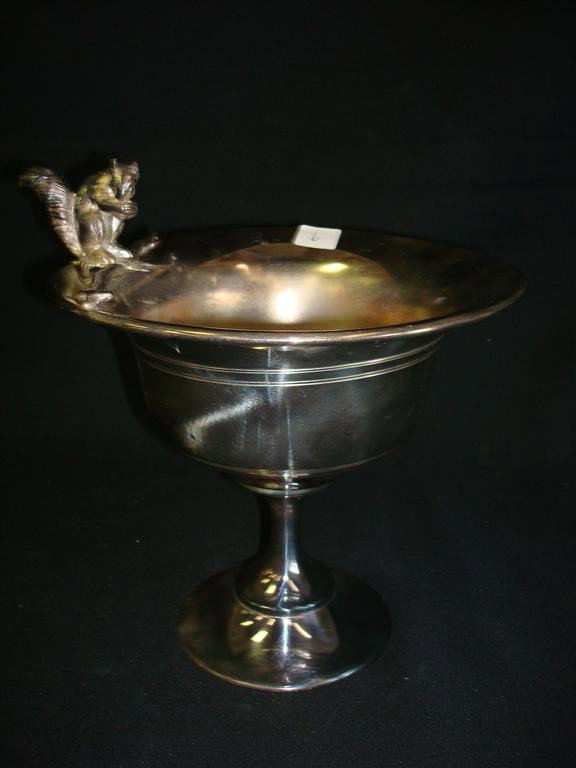 AMERICAN VICTORIAN SILVERPLATE NUT BOWL: Pedestaled. Squirrel figure at bowl's edge. 8-3/4 h x 7-3/4 w