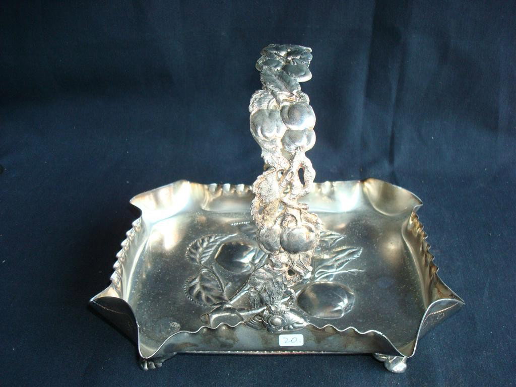 SGD PAIRPOINT CAKE BASKET: Embossed apples at base of tray, apple decorated handle, on four feet. 10-1/2 l x 8-1/4 w x 8-1/2 high