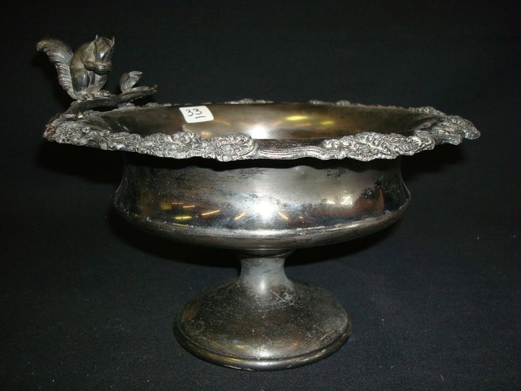 SILVER PLATED NUT COMPOTE SHEFFIELD: Figural squirrel. 9" H.