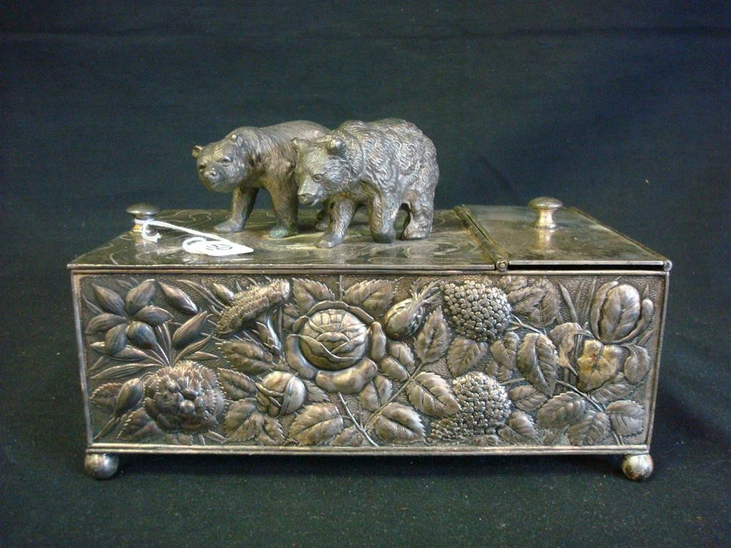 AMERICAN VICTORIAN SILVER PLATE HUMIDOR: With bears and highly repoussed decorations. Mermod Jaccard and Co. St. Louis, Mo #36. Exceptional quality by a little known company. 5 1/2" H 8 1/2" W