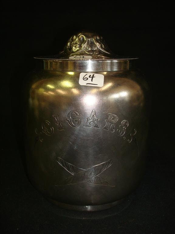 AMERICAN VICTORIAN SILVER PLATE CIGAR HUMIDOR: Mark for Barbour. Engraved with the word "CIGARS" on the outside. 7" H.